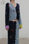 YANYAN KNITS V-neck embroidered colorblock knitted cardigan YYK-YYW23-124-LAN blue YYW23-1241